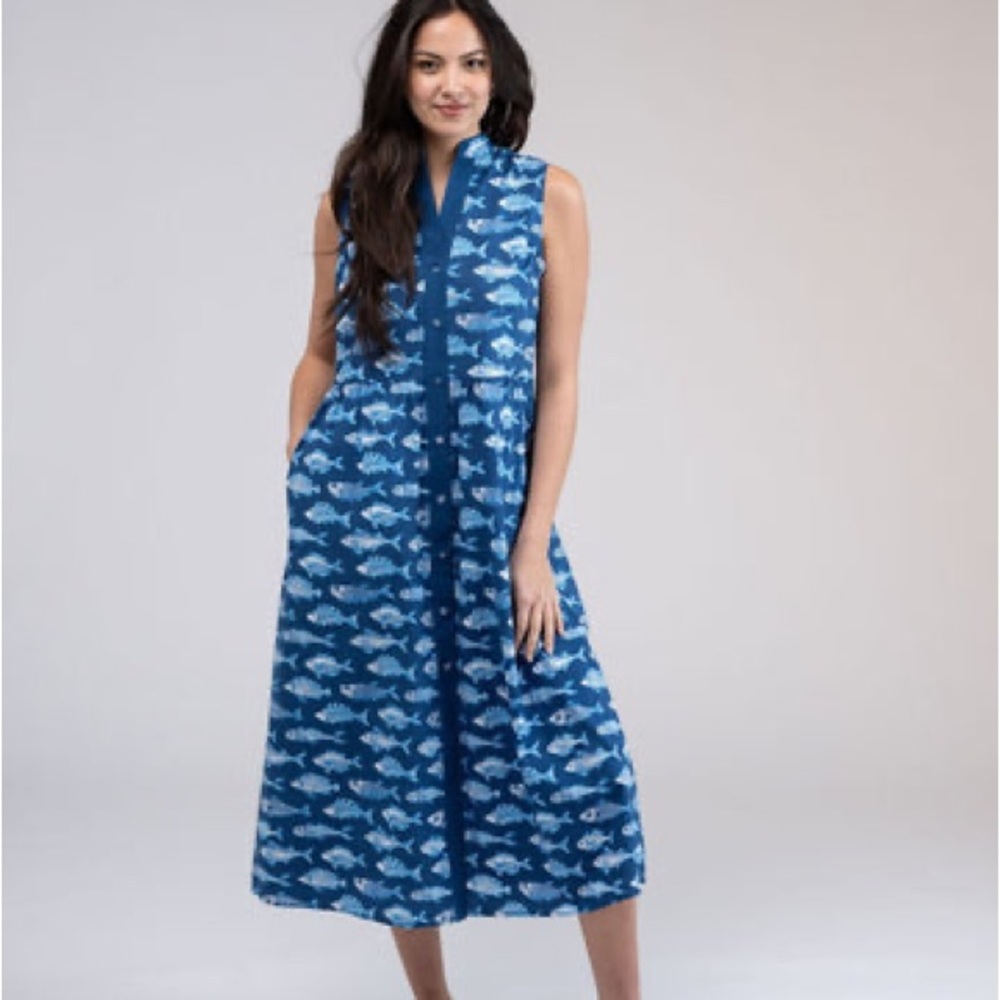 Blue Sleeveless Fish Print Dress